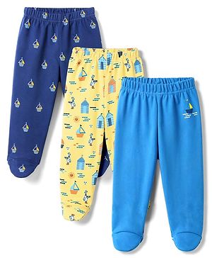 Babyhug 100% Cotton Interlock Knit Striped Boat Printed Bootie Leggings Pack of 3 - Navy