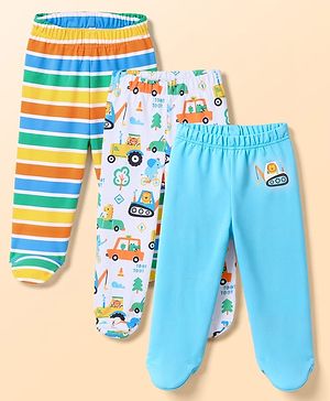 Babyhug 100% Cotton Interlock Knit Striped Animal Printed Bootie Leggings Pack of 3 - Sky