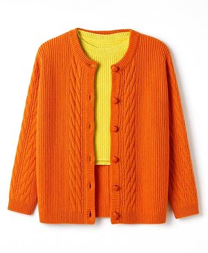 Pine Kids Knit Front Open Full Sleeves Cable Knit Design Sweaters With Sleeveless Inner - Orange & Yellow