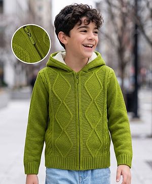 Pine Kids Knit Full Sleeves Hooded Front Open Solid Colour Sweater with Cable Knit Design - Green