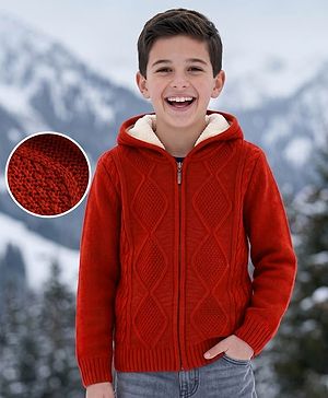 Pine Kids Knit Full Sleeves Solid Colour Hooded Front Open Sweater With Cable Knit Design - Rust Orange