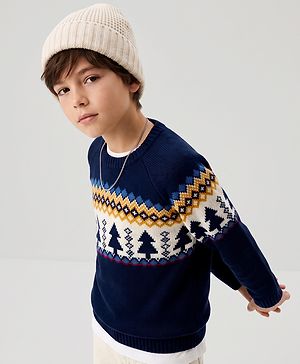 Pine Kids Knit Full Sleeves Pullovers With Tropical Design - Navy Blue