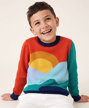 Pine Kids Knit Full Sleeves Pullover with Abstract Landscape Design - Rust Orange