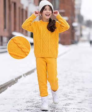 Pine Kids Knit Full Sleeves Sweater Set With Cable Knit Design - Mustard