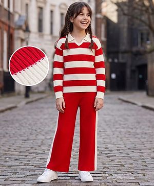 Pine Kids Knit Full Sleeves Polo Collar Striped Sweater Set -  Red & White