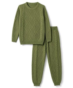 Pine Kids Knit Full Sleeves  Sweater Set With Cable Knit Design - Green