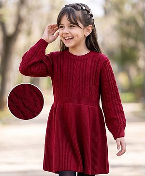 Pine Kids Knitted Full Sleeves Woolen Dress with Cable Knit Design - Red