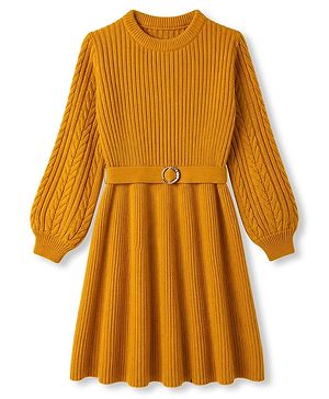 Pine Kids Knit Full Sleeves Solid Colour Sweater Dress with Belt & Cable Knit Design - Mustard