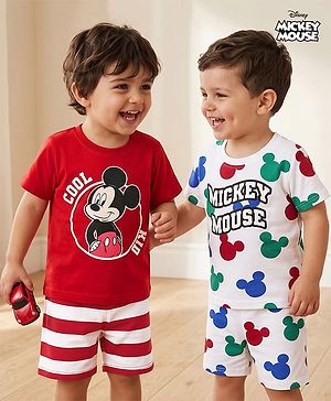 Babyhug Disney Single Jersey Knit Half Sleeves T-Shirt & Shorts Night Suit With Mickey Mouse Graphics Pack of 2 - Multicolor