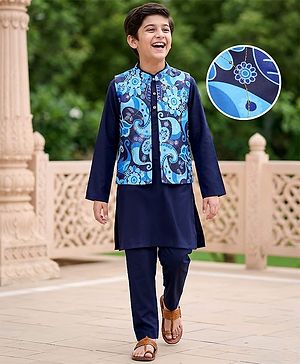Pine Kids Woven Full Sleeves Floral Printed & Embroidered Kurta & Pyjama Set With Jacket - Navy Blue