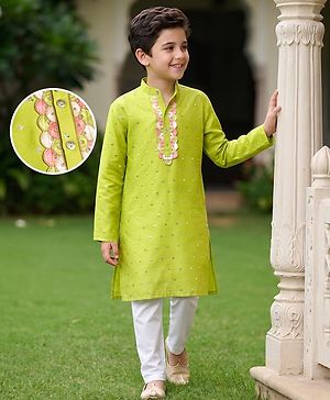 Pine Kids Woven Full Sleeves Sequinned Kurta & Pyjama Set - Lime Green