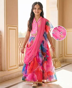 Pine Kids Woven Sleeveless Floral Sequinned & Embroidered  Choli & Lehenga Set With Dupatta - Pink