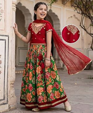 Pine Kids Woven Half Sleeves Floral Embroidered & Printed Lehenga Choli Set With Dupatta - Dark Red
