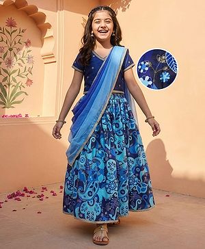 Pine Kids Woven Half Sleeves Floral Printed & Sequinned Embroidered Choli Lahenga Set with Dupatta - Light Blue