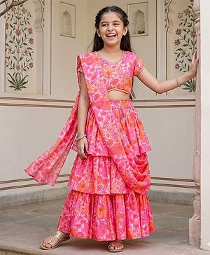 Pine Kids Woven Half Sleeves Floral Printed Choli & Layered Lehenga Set With Dupatta - Pink