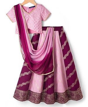 Pine Kids Woven Half Sleeves Choli Lagenga Dupattta Set with Floral Foil Print &  Sequinned Embroidery - Pink