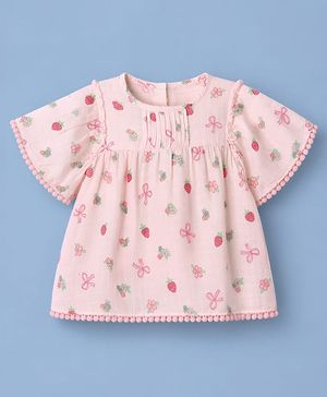 Babyhug 100% Cotton Woven Half Sleeves Double Gauge Top with Strawberry Bow & Floral Print - Pink