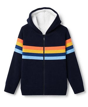 Pine Kids Knit Full Sleeves Front Open Hooded Sweater with Partially Stripes Design - Navy Blue