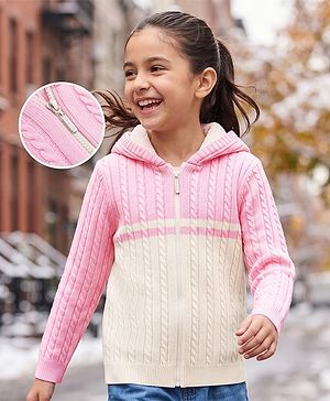 Pine Kids Knit Full Sleeves Hooded Front Open Sweater With Cable Knit Design - Pink