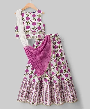 Pine Kids 100% Cotton Woven
                              Sleeveless Floral Printed Choli Lehenga
                              Set With Dupatta - White