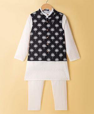 Pine Kids Cotton Woven Full Sleeves Solid Colour Kurta Pyjama Set with Floral Printed Nehru Jacket - White & Black