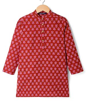Pine Kids Cotton Woven Full Sleeves Floral Printed Kurta - Maroon