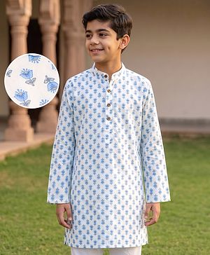 Pine Kids Cotton Woven Full Sleeves Floral Printed Kurta - White