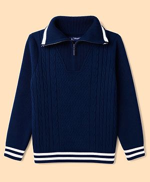 Pine Kids Knit Full Sleeves Pullover Sweater With Cable Knit Design - Navy Blue