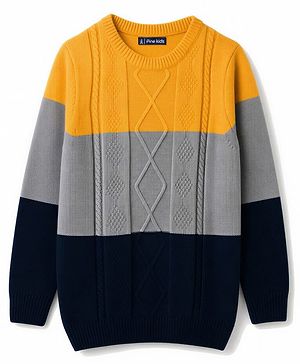 Pine Kids Knit Full Sleeves Colour Block Pullover with Cable Knit Design - Yellow & Grey & Black