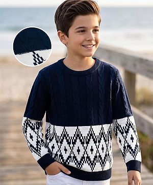 Pine Kids Knit Full Sleeves Pullover Sweater With Cable Knit Design - Navy Blue