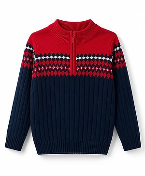 Pine Kids Knit Full Sleeves Pullover Sweater With Design - Navy Blue