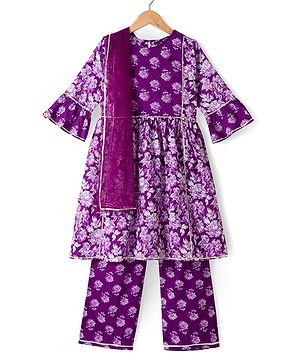 Pine Kids Cotton Woven Three Fourth Sleeves Kurti & Churidar Set With Dupatta & Floral Print - Purple