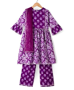 Pine Kids Cotton Woven Three Fourth
                              Sleeves Kurti & Churidar Set With
                              Dupatta & Floral Print - Purple