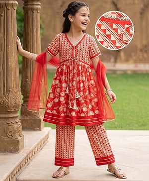 Pine Kids Cotton Woven Half Sleeves Floral Printed Kurti Churidar Set - Red
