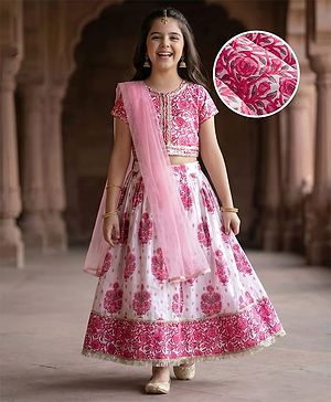 Pine Kids Cotton Woven Half Sleeves Floral Printed Choli Lahenga Set with Dupatta - White