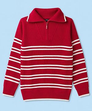 Pine Kids Knit Full Sleeves Striped Pullover Sweater- Red