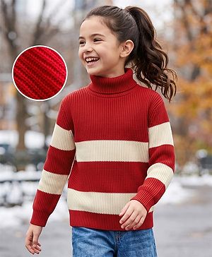 Pine Kids Knit Full Sleeves Striped Pullover Sweater - Red