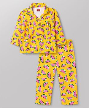 Babyhug Cotton Knit Full Sleeves Top & Pyjama Co-Ord Night Suit With Watermelon Print - Yellow
