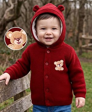Babyhug Knit Full Sleeves Hooded Front Open Sweater with Bear Patch - Dark Red