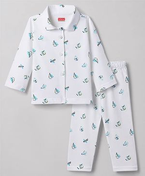 Babyhug Cotton Knit Full Sleeves Aeroplane Printed Co-Ords Shirt & Pyjama Night Suit - White