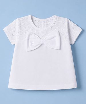 Babyhug 100% Cotton Woven Half Sleeves Top with Bow Detailing - White