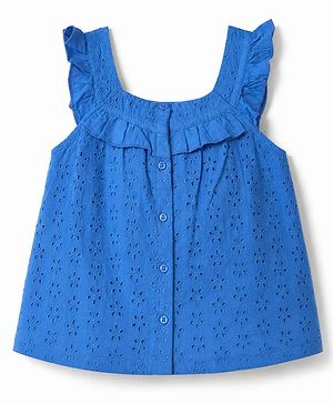 Babyhug 100% Cotton Woven Top with Sleeveless and Floral Schiffli Detailing - Blue
