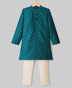 Pine Kids Woven Full Sleeves Floral Foil Printed Kurta & Pyjama Set - Teal Blue