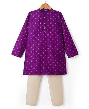 Pine Kids Woven Full Sleeves Floral Foil Printed Kurta & Pyjama Set - Wine