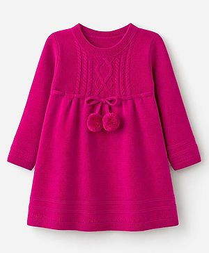 Babyhug Cable Sweater-knit Full Sleeves Woolen Dress with Knot - Maroon