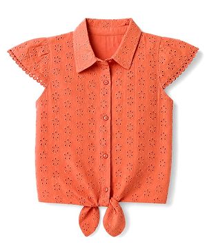 Babyhug 100% Cotton Woven Knotted Top with Half Sleeves and Floral Schiffli Detailing - Coral