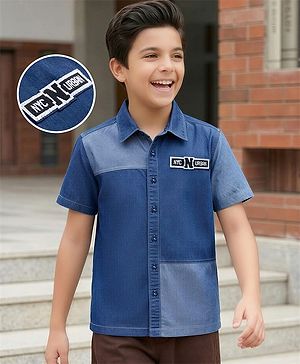 Pine Kids Denim Woven Half Sleeves Shirt with Cut & Sew Design & Text Patch - Blue