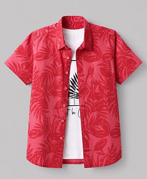 Pine Kids Cotton Woven Shirt and T-Shirt with Short Sleeves and Tropical Theme Print in Red for 4-5 Years