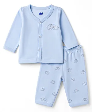Simply Sinker Knit Full Sleeves
                              T-Shirt & Pyjama Night Suit with
                              Elephant Print- Light Blue