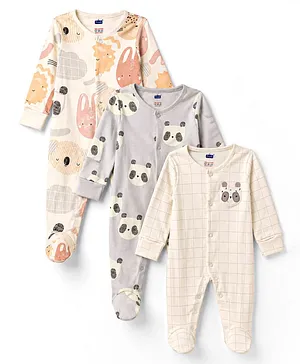 Simply Interlock Knit Full Sleeves
                              Footed Sleepsuit with Animals Print Pack
                              of 3 - White